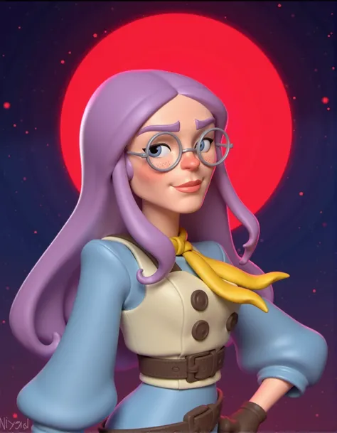 a 3d rendering of cartoon Imogen was introduced as a young human woman with light skin and freckles on her face, with long light-purple hair. She wore a light blue dress and a yellow scarf tied around her neck.cream buttoned vest. She wore a black buckled ...