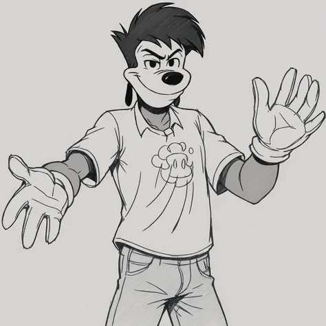 safe_pos, sz4d3k, Max Goof, gloves, standing, smirking at viewer, grey underwear, slightly muscular, sketch, black and white,