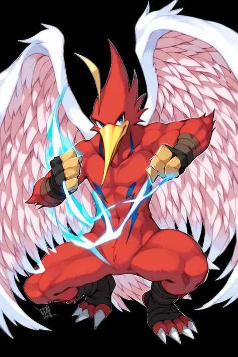 score_9, score_8_up, score_7_up, s anime origin, furry Hummingbird neo spacian air hummingbird, Red body, Angelic wings, fighting pose, energy sphere in hands, Kame hame ha, full body, looking at viewer, front view