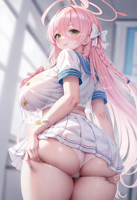 <lora:rhastaXL_il_lokr_V53P1:0.95> 1girl, breasts, skirt, green eyes, halo, pink hair, long hair, solo, ass, panties, looking at viewer, braid, underwear, short sleeves, white skirt, crop top, blush, smile, bangs, school uniform, hair bow, bow, thighs, sai...