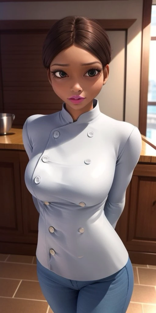 Hyperrealistic, photorealistic, super detailed, white chef jacket, looking at viewer, light blue pants, brown eyes, brown hair, hair pulled up into a bun, brilliant pink lipstick, body like in real life, large pores, brown skin, short, beautiful arms, medi...
