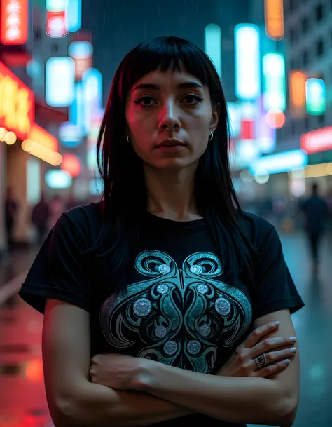 In a gritty, neo-noir setting reminiscent of Blade Runners rain-soaked cityscape, the camera captures H4R0P0N3S, a woman with inky black hair cascading down her back and piercing black eyes that seem to bore into your soul. She stands alone, bathed in hars...