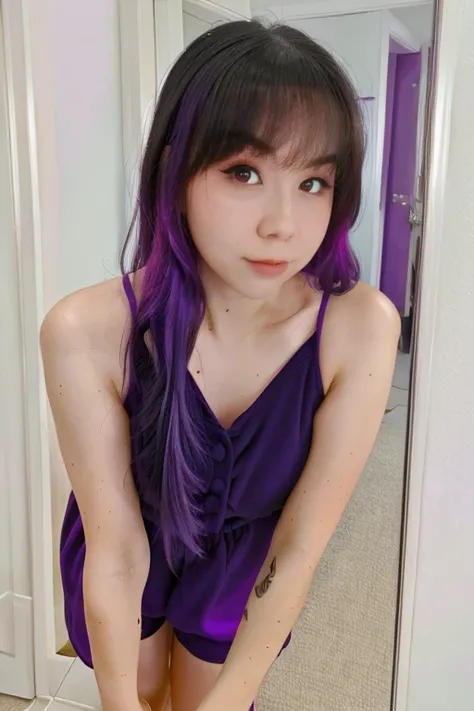 <lora:lolipopgilorav1:1.0> lolipopgilorav1, purple hair, (best quality, high resolution), mirror selfie, closeup,( asian:0.8)