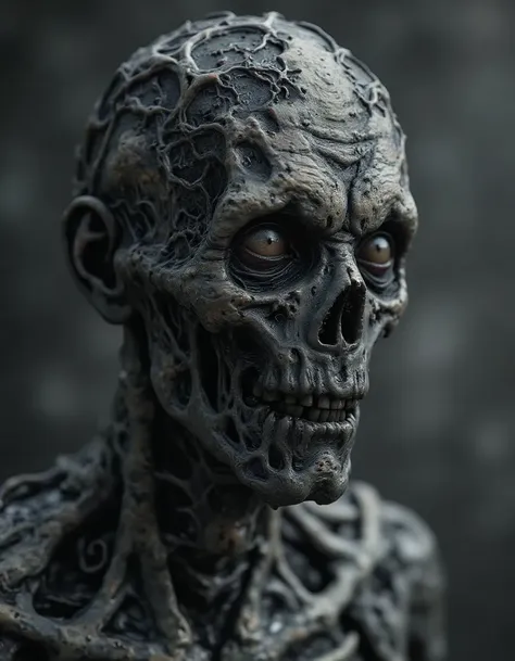 a close-up shot of an undead male. upper body portrait shot by national geographic in the post-apocalypse. the bokeh background ...