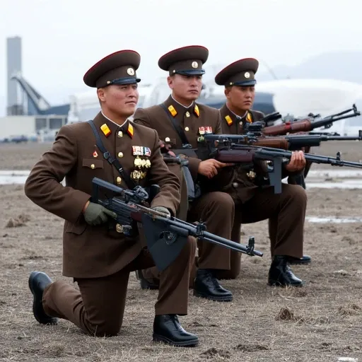 dressed in a dark brown military uniform adorned with various medals and insignia. His uniform features a peaked cap with a red visor and a gold emblem on the front, all dressed in military uniforms, including red, including rifles and machine guns.   The ...