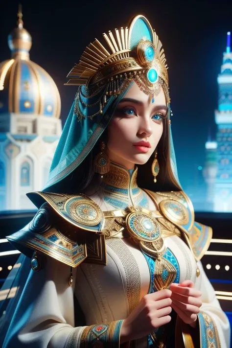 (High quality), (masterpiece), (detailed), 8K, A captivating portrait of a (stunning woman1.2) with (hypnotic eyes1.2) and (exotic features1.2), dressed in a (futuristic ensemble1.2) inspired by (Moroccan and Tunisian1.2) fashion. Her (elaborate headdress1...