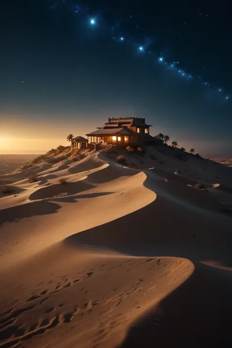 starry night sky over a desert with a house on a hill