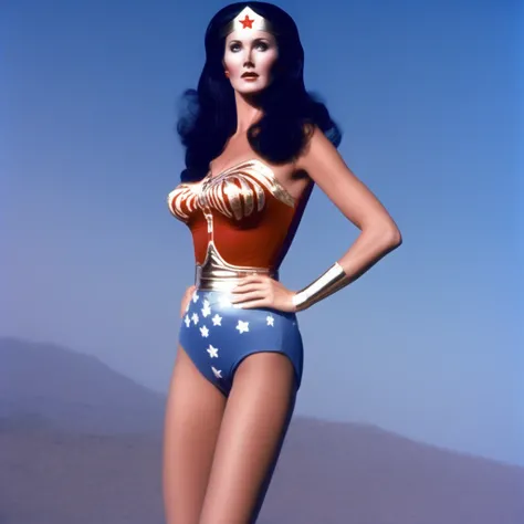 1 girl, Lynda Carter as Wonder Woman, black hair, ligth blue eyes, gold tiara, athletic body, red leotard, cleavage, bracelets, blue underwear with white stars, red boots with white line, high heel boots