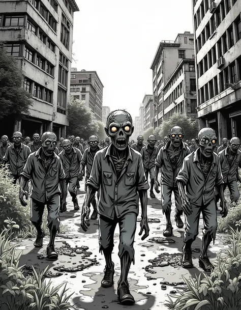 an comic illustration with ink outlines of a horde of cartoon zombies walking aimlessly in the overgrown city. the illustration ...