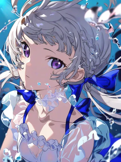 1girl,solo,hair bow,blue bow,twintails,low twintails,braid,long hair,grey hair,purple eyes,short sleeves,white dress,shirt,blue skirt,blue ribbon,see-through,see-through sleeves,collarbone,frills,small breasts,
portrait,underwater,bubbles,light rays,
<lora...