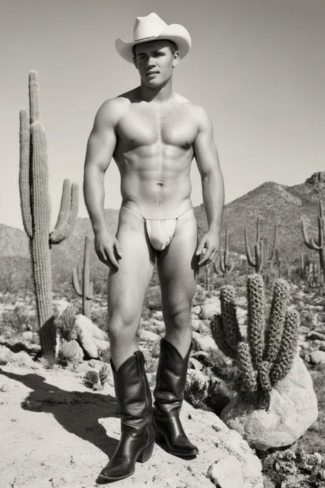 vintage medium format photograph, homoerotic, 19male is cowboy (boots, bluging jockstrap, cowboy hat), totally nude, rocks, desert, cactus, style of brucebellas