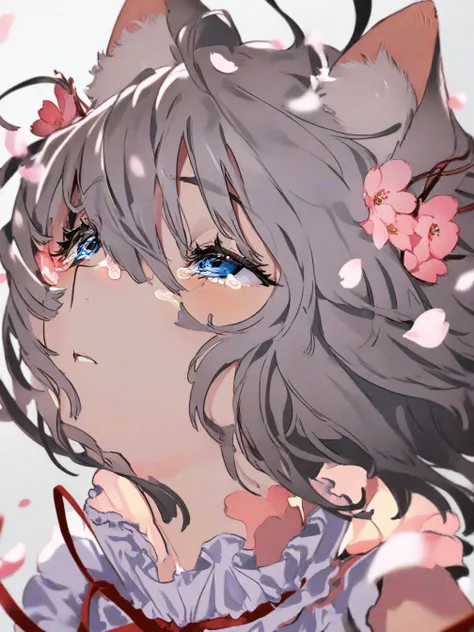 crying,solo,tears,crying with eyes open,1girl,solo,cherry blossoms,hair flower,pink flower,hair ribbon,cat ears,animal ear fluff,grey hair,short hair,bangs,blue eyes,hair between eyes,eyebrows visible through hair,blush,neck ribbon,white dress,frilled coll...