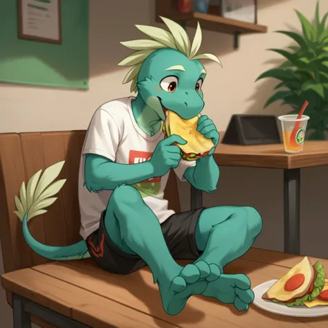 score_9, score_8_up, score_7_up, score_6_up, source_furry, Guidolbt, young anthro, male, Microraptor, green feathers,  t-shirt, shorts, sitting at a table, eating taco, solo, 1boy, , <lora:1a942e3d-03a2-4ab9-8cdf-faef2f7a5dac:0.7>