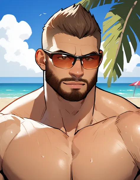 <lora:Fahz_Chutani_Pony_XL:0.95> fahz_chutani, short hair, sunglasses, muscular, beach short, beach, topless, dark skin, beard, bara, animification, score_9, score_8_up, score_7_up, score_6_up,