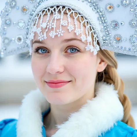 A highly detailed close-up portrait of Snegurochka, focusing on her delicate features and radiant smile. Her soft blue eyes glimmer under the gentle winter light, and her skin is flawless, with small, delicate snowflakes resting on her eyelashes. Her tradi...