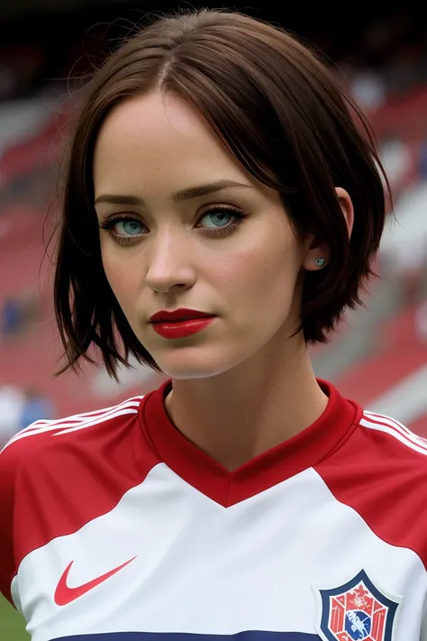 emilyb-264, ((detailed eyes, detailed face)), (red lipstick, eye shadow, eyeliner), slight smile, , a photo of a woman, soccer uniform, soccer ball, stadium, short, shirt, soccer field, short hair, pixie cut