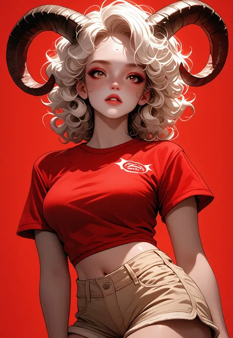 safe_pos, r3dsh1rtd3m0n, A (demon girl:1.3) with (white curly hair:1.2) and (freckles:1.1), featuring (sheep horns:1.4) and (demon horns:1.4), wearing a (red shirt:1.3) and (shorts:1.2), showcasing (cleavage:1.2) and (midriff:1.2), against a (vibrant red b...