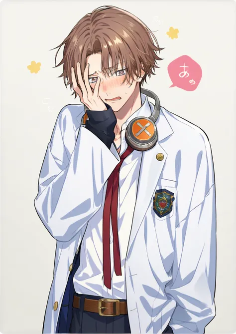 score_8_up, solo_focus, solo, 1boy, nanamegi nanaki,parter bangs,brown hair,brown eyes, (school uniform), headphones around neck, long sleeves, red ribbon, belt, blush, embarassed, white_shirt, (white coat)+(black sleeves), covering_face, happy, fall  in l...