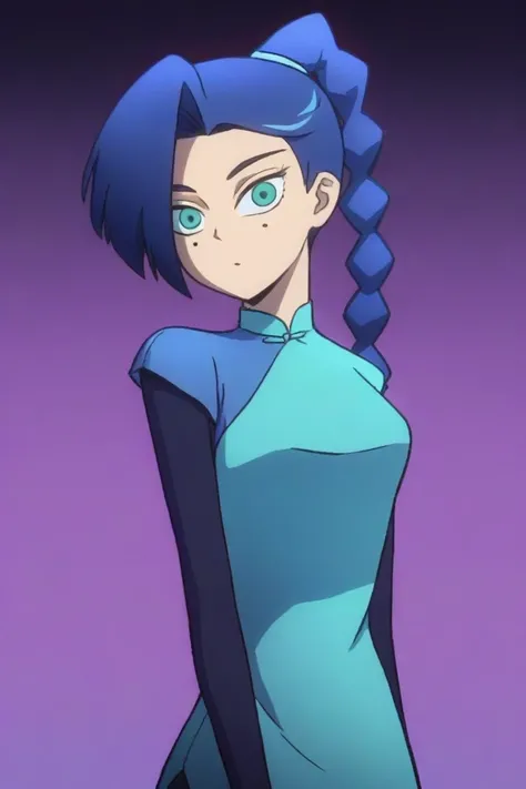 <lora:wuliuqi3in1_ill-xl-000010:1>,meihuashisan, 1girl, solo, mole_under_eye, braid, mole, single_braid, blue_hair, closed_mouth, long_sleeves, breasts, braided_ponytail, upper_body, dress, chinese_clothes, long_hair, asymmetrical_hair, medium_breasts, blu...