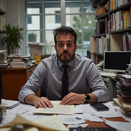 A man named Marcel is sitting in a chaotic office, with papers scattered everywhere, cluttered desks, and an overwhelmed expression on his face