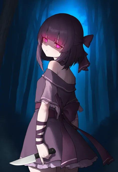 (ekrea jan, antifreez3:0.6), 1girl, fallenshadow, virtual youtuber, weapon, holding knife, looking back, unamused, (head tilt:1.2),  (glowing eyes:0.6), forest, night, mist, cowboy shot, masterpiece, best quality, very aestheticÃ¢ÂÂÃ¢ÂÂÃ¢ÂÂâââ