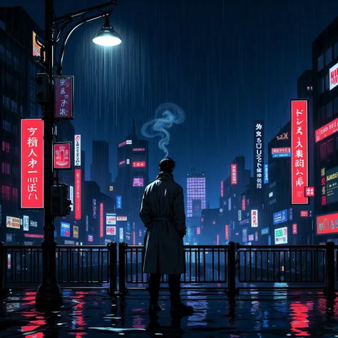 Anime_martz, anime_retro, A neon-lit cityscape at night, drenched in heavy rain. A lone, trench-coated detective stands under a flickering streetlight, cigarette smoke curling into the air. His expression is solemn as he watches neon reflections dance on t...