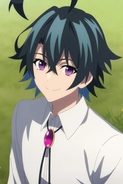 will serfort,1boy,solo,male focus,blue hair,purple eyes,ahoge,shirt,smile,looking at viewer,outdoors,collared shirt,upper body,blurry background,brooch,grass,jewelry,park,neck ribbon,<lora:will_serfort-000007:0.7>,