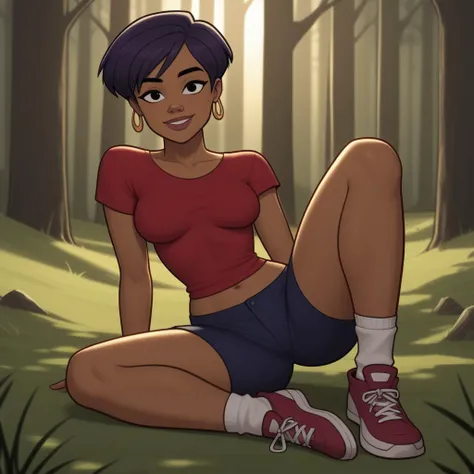 score_9, score_8, BREAK, solo, red shirt, dark blue shorts, 1girl, shoes, high socks, dark purple hair, dark skin, short hair, earrings, navel, black eyes, breasts, total drama, Stephanie_(Total_Drama), tdtrr, sexy pose, smile, outdoors, sunlight, shadows,...