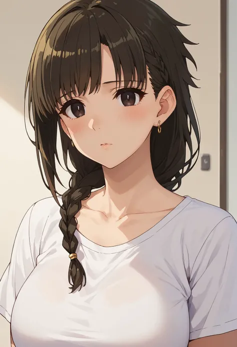 score_9,score_8_up,score_7_up, <lora:yuki_yokoya_pdxl_goofy:1>yuki yokoya, 1girl, large breasts, jewelry, upper body, earrings,looking at viewer, short sleeves, collarbone, blush, parted lips, closed mouth, t-shirt,large breasts, braids