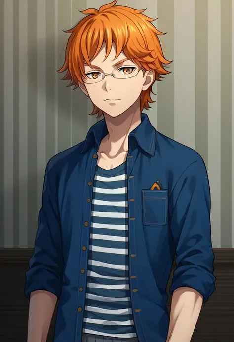 score_9, score_8_up, score_7_up, source_anime, highly detailed, 
kakeru, 1boy, male focus, solo, orange hair, orange eyes, glasses, shirt, striped shirt, striped, shirt, blue shirt, sleeves rolled up, open shirt, open clothes, pants, grey pants,
indoor, up...