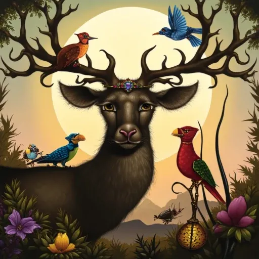 Ofnonmoe style, showcases a solemn deer with expansive, jewel-adorned antlers surrounded by a whimsical assembly of colorful birds and a quirky insect musician. The lush, detailed vegetation and a soft, glowing orb in the background enhance the fantastical...