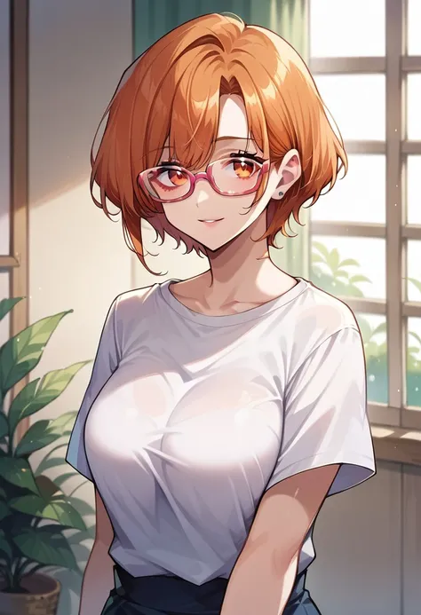 score_9, score_8, score_7, source_anime, matoba oreko, glasses, short sleeves, collarbone, smile, t-shirt, upper body, standing, indoors, large breasts, parted lips, closed mouth