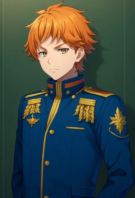 score_9, score_8_up, score_7_up, source_anime, highly detailed, 
kakeru, 1boy, male focus, solo, orange hair, orange eyes, uniform, military uniform, jacket, blue jacket,
indoor, upper body