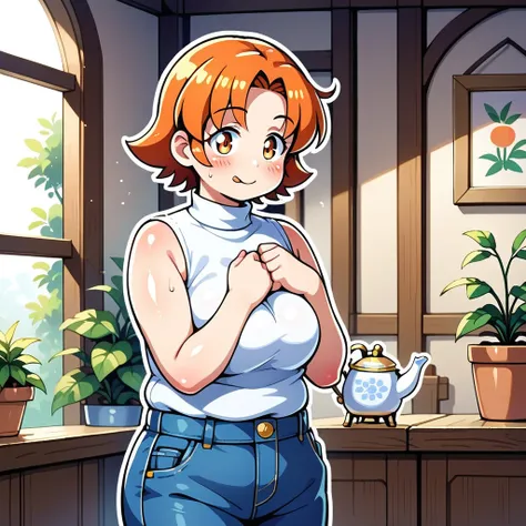 matoba oreko, denim, faucet, fingernails, tongue, v arms, white outline, teapot, turtleneck, hands on own chest, shiny skin, standing, parted hair, dress shirt, sweat, day, book, holding, blush, plump, white tank top, flower pot, hanging plant, armpit crea...