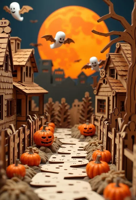 <lora:ck-wood-piece-crafter-000018:1>, a crafted wooden model featuring a textured halloween scene. The wood used for the scene is a colorful, and enhancing the depth and richness of the design. The background of the image is in a halloween style color pal...