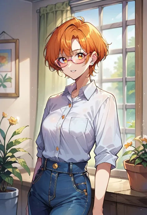 score_9, score_8, score_7, source_anime, matoba oreko, glasses, collared shirt, stud earrings, medium breasts, blurry background, day, jeans, picture frame, teeth, flower pot, curtains