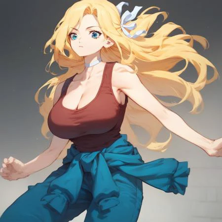 Score_9, 1girl, solo, Lillian Weinberg, blue eyes, blonde, hair ribbon, long hair, tank top, choker, clothes wrapped around waist, blue pants, large breasts, cleavage