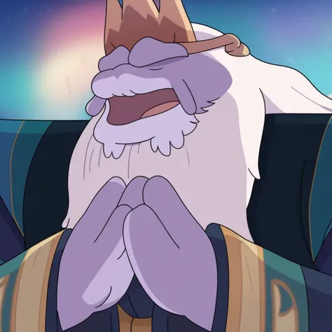 crown, facial hair, open mouth, facing away, mustache, white hair, star (sky), own hands together