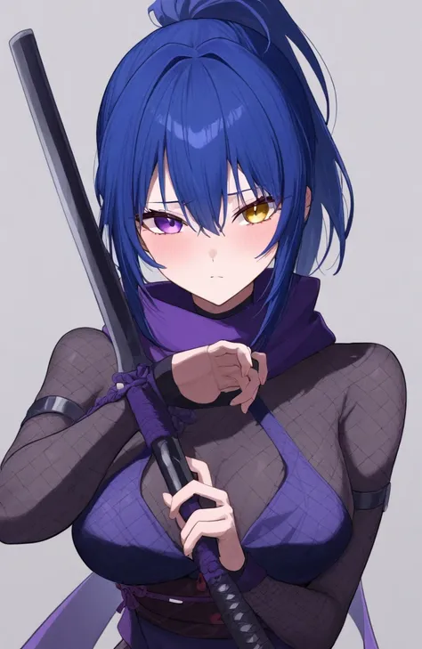 (Score_9,  score_8, score_6, score_7:0.6), (masterpiece, best quality, good quality, newest,  highres, absurdres, ultra-detailed:0.6), 1girl, ninja, fishnet, blue hair, purple eyes, yellow eyes, heterochromia, upper body, Kenai, weapon, holding weaponââ...