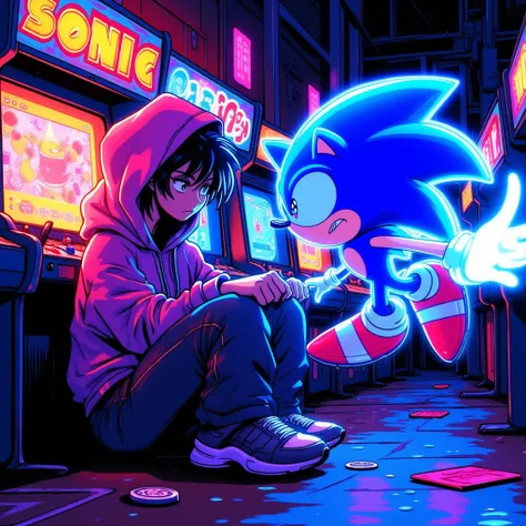 anime_martz, anime_retro, A melancholic anime character marionette, sitting slumped in an old-school 90s arcade filled with bright neon lights and classic arcade cabinets. Sonic the Hedgehog, in vibrant 90s anime style, is seen zooming past in a blur of bl...