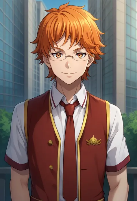 score_9, score_8_up, score_7_up, source_anime, highly detailed, 
kakeru, 1boy, male focus, solo, orange hair, orange eyes, glasses, shirt, white shirt, collared shirt, short sleeves, vest, red vest, necktie, red necktie,  smile
outdoor, sky, buildings, upp...