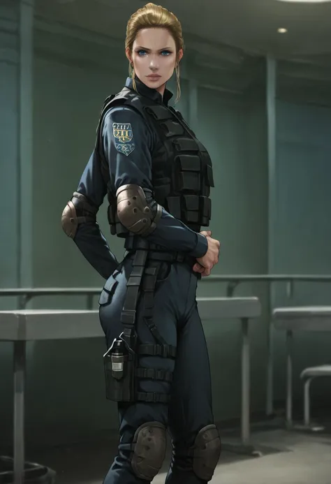 score_9, score_8_up, score_7_up, score_6_up, source_realistic, cowboy shot, BREAK 1girl, Angelamiller, blonde, pulled back hair, ponytail, blue eyes, swat uniform, tactical vest, elbow pads, knee pads, thigh holster,, standing, hands on waist,