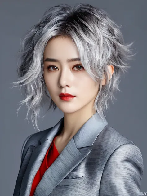 female,silver hair,messy hair,suit,(RAW photo:1.2),(photorealistic:1.2),(masterpiece:1.2),(best quality:1.2),realistic style,zly,<lora:zly-000004:1>,