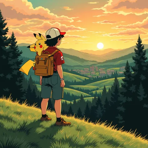 anime_martz, anime_retro,Ash Ketchum, in his original 90s anime style, stands at the edge of a vast forest at dawn, with Pikachu on his shoulder. The sun rises in the distance, casting a warm golden glow over the landscape. Behind him, the silhouette of Pa...