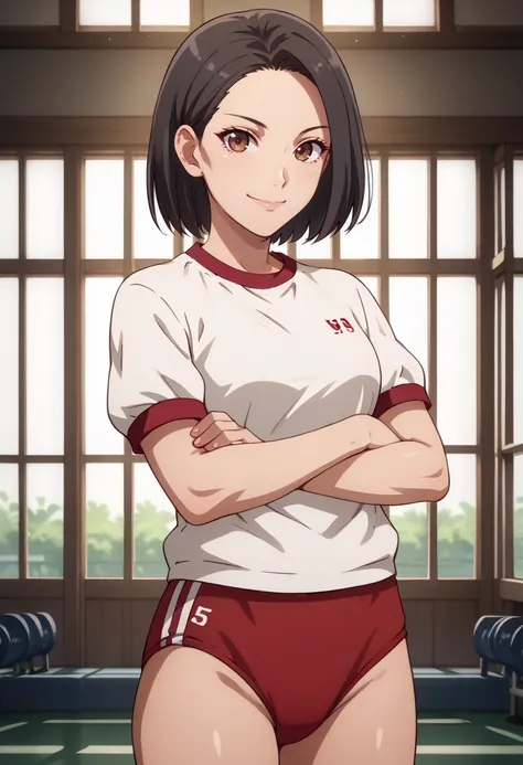 score_9, score_8_up,
1girl, <lora:SilviaSevere_OffSeason_PDXL:0.8>, silviasevere, short hair, black hair, brown eyes,
red buruma, gym uniform, short sleeves,
slight smile, crossed arms, 
indoors