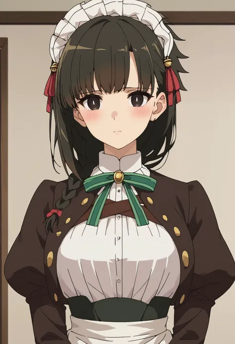 score_9,score_8_up,score_7_up, <lora:yuki_yokoya_pdxl_goofy:1>yuki yokoya, 1girl, green ribbon, looking at viewer, maid headdress, long sleeves, waist apron, red ribbon, puffy sleeves, juliet sleeves, black jacket, upper body, neck ribbon, white shirt, clo...