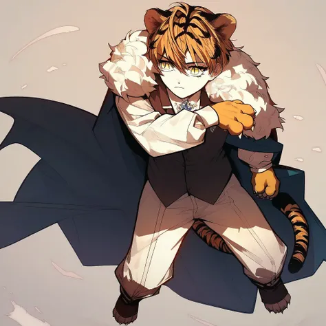 score_9, score_8_up, score_7_up, score_6_up, KingVel, anthro tiger, tiger ears, striped tail, clawed hands, yellow eyes, tiger-striped hair, paws, padded hands, claws, slit-like pupils, , showing off body, fullbody, full body shot,