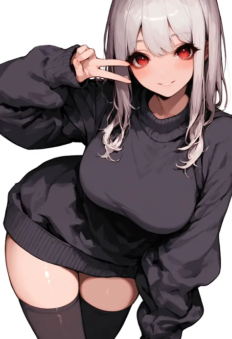 score_9, score_8_up, score_7_up, score_6_up, best quality, source_anime BREAK, aosiai123, 1girl, white hair, long hair, red eyes, pale skin, blush, large breasts, oversized sweater, black sweater, long sleeves, bottomless, thighhighs, smile, white backgrou...