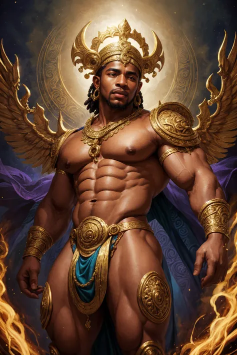 realistic, best quality, detailed background, depth of field, intricate details, an (african male:1.2) god, legendary deity, ornate divine clothing, ethereal, surreal, psychedelic, muscular, dynamic pose, dynamic angle