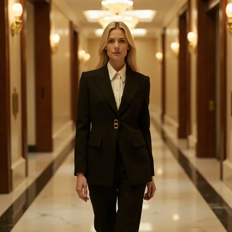 A cinematic moment in a high-end hotel lobby, where a blonde woman wearing the Single_Jacket walks with purpose toward the elevators. The polished marble floors reflect her every step, and the grand chandeliers overhead create a dramatic lighting effect. T...